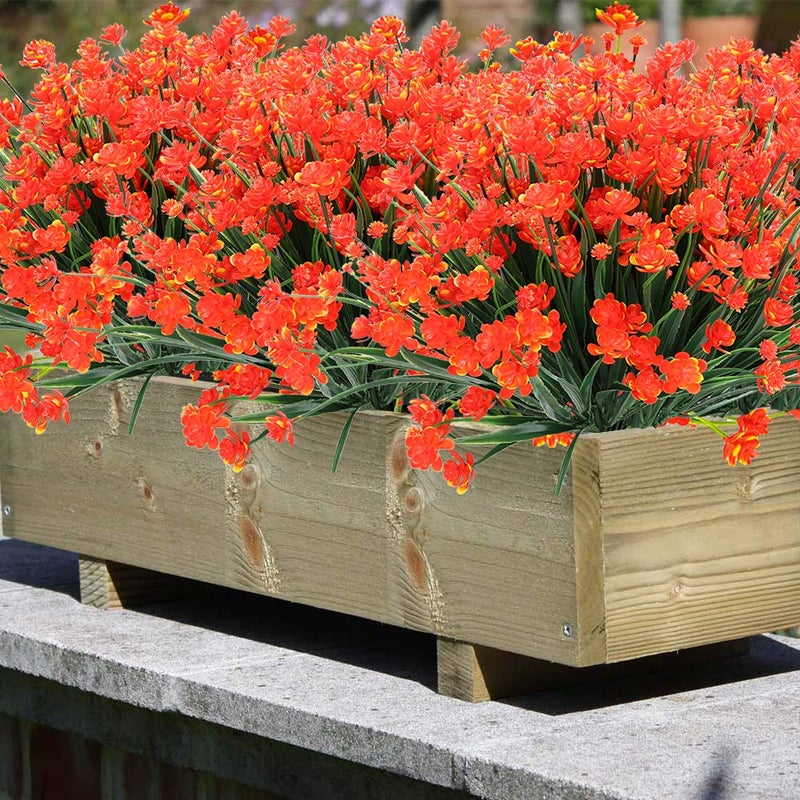ArtBloom 8 Bundles Outdoor Artificial Fake Flowers UV Resistant Shrubs Plants, Faux Plastic Greenery for Indoor Outside Hanging Plants Garden Porch Window Box Home Wedding Farmhouse Decor (Orange Red) - Image 2